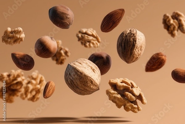 Fototapeta Illustration of nuts floating in the air, close-up