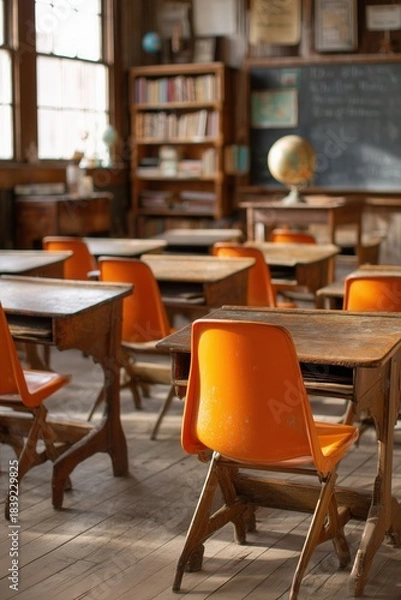 Fototapeta An empty school classroom with desks and chairs arranged neatly, showcasing the interior of an old-fashioned classroom in the morning light.