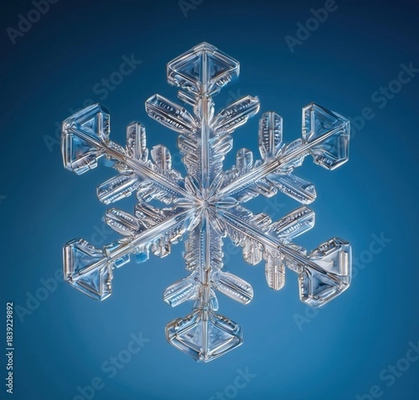 Fototapeta Beautiful, symmetrical snowflake rendering on a blue background.