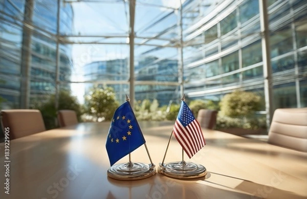 Fototapeta Two flags of the European Union and the United States of America on a table in a conference room.