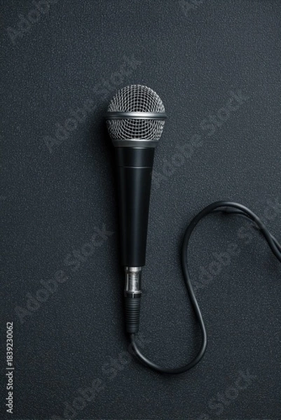 Fototapeta Photo of a black microphone with a long cable, top view, black background.