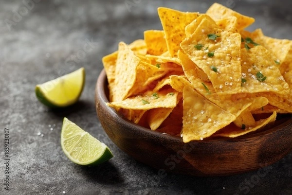 Fototapeta Bowl of tortilla chips with lime and queso cream on a grey background, close-up view.