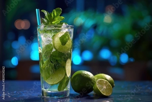 Fototapeta A mojito cocktail with lime and mint leaves on the bar counter in a night club, against a green color background, with a blurred background.