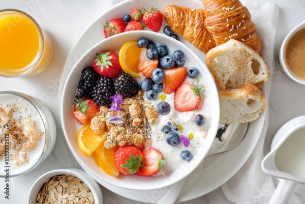 Fototapeta Bowl filled with various vibrant fruits and granola.  A healthy and delicious start to your day! Generative AI image