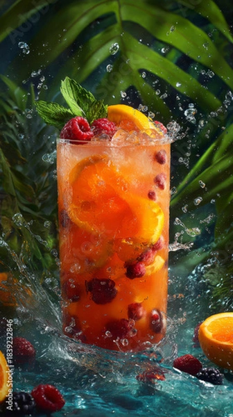 Fototapeta Refreshing summer colorful orange cocktail in rainforest foliage, iced drink with citrus and mint. Generative AI image