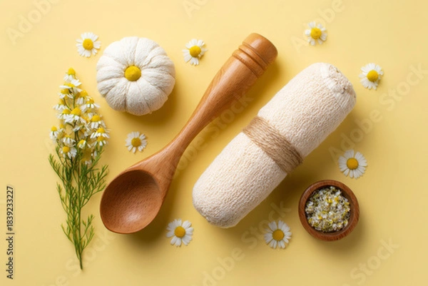 Fototapeta Relaxing spa essentials on pastel yellow background, herbal compress, wooden massage tool and chamomile flowers. Generative AI image