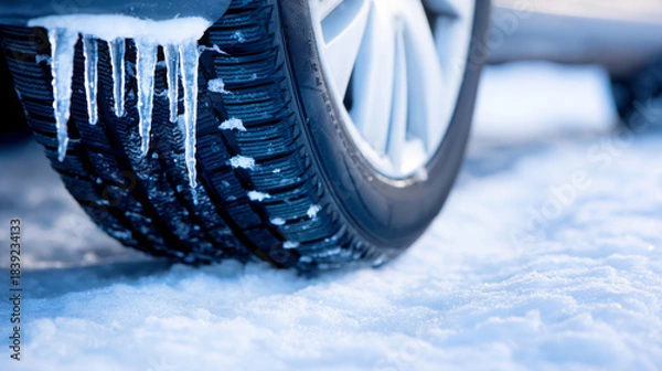 Obraz Close-up of a winter tire with deep tread patterns, surrounded by fresh snow and icicles, showcasing the importance of winter driving safety and traction in cold weather conditions