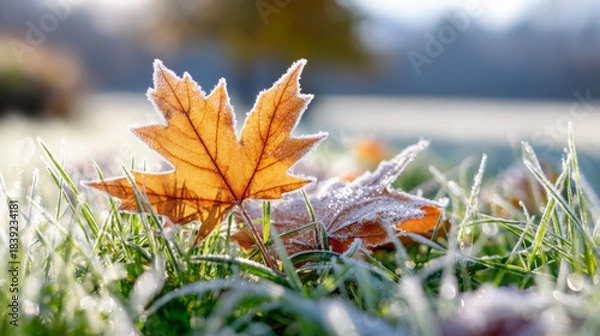 Obraz Frost-covered autumn leaves resting on green grass, capturing the beauty of nature's transition during the chilly morning light in a serene outdoor environment