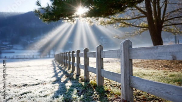 Obraz Frosty landscape with wooden fence illuminated by sunlight rays, creating a serene atmosphere in a winter setting, showcasing nature's beauty and tranquility