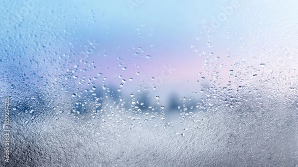 Obraz Close-up view of a frosted glass window with water droplets, creating a blurred background of soft pastel colors, evoking a serene and tranquil atmosphere