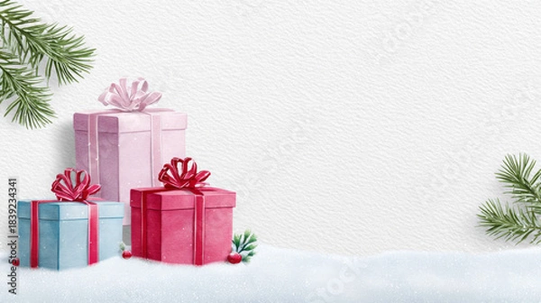 Obraz Colorful gift boxes in pink, blue, and red with decorative bows are placed on a snowy surface, surrounded by pine branches, creating a festive holiday atmosphere with copy space