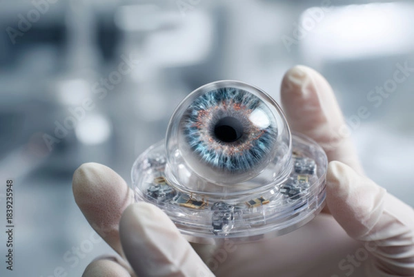 Fototapeta Realistic bionic eye prototype being held by gloved hands in futuristic packaging. Generative AI image