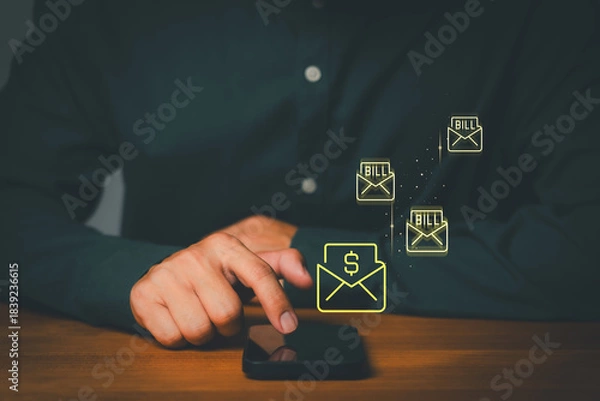 Fototapeta Digital bill payment reminder concept with envelope icons on a smartphone, representing online billing, mobile payments, expense management, financial notifications, and modern fintech solutions.
