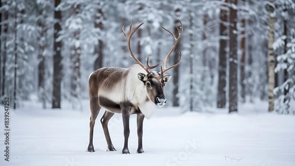 Obraz Reindeer Standing in a Snowy Forest Landscape.