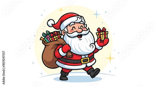 Obraz Santa Claus walking with a sack full of gifts and holding a present.