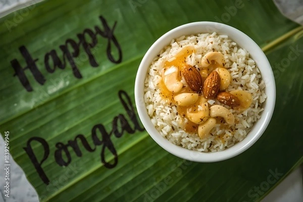 Obraz Pongal rice served on a banana leaf.