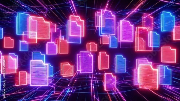 Obraz Abstract network grid with files and folders, futuristic software interface, digital document management system, store, search and organize documents, corporate business, paperless office	
