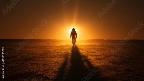 Obraz Astronaut Walking on Desert Terrain During Sunset with Long Shadow and Warm Lighting