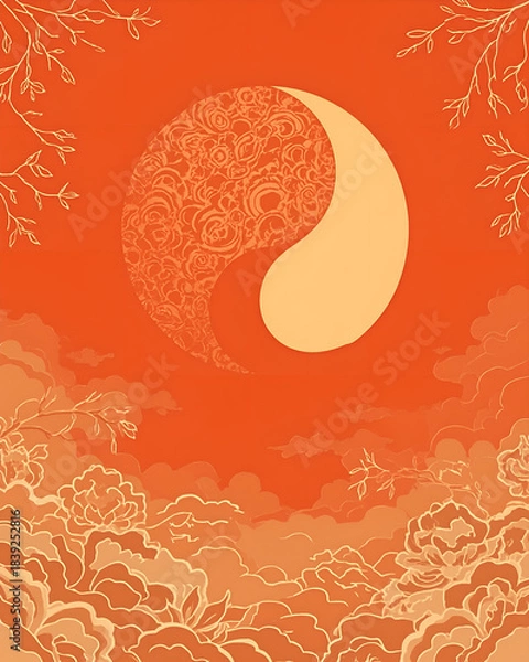 Fototapeta Red Lunar Yin Yang with Floral Clouds