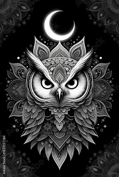 Fototapeta Highly detailed black and white illustration of an owl centered within an ornate mandala design, featuring a glowing crescent moon, floral patterns, and decorative line art.