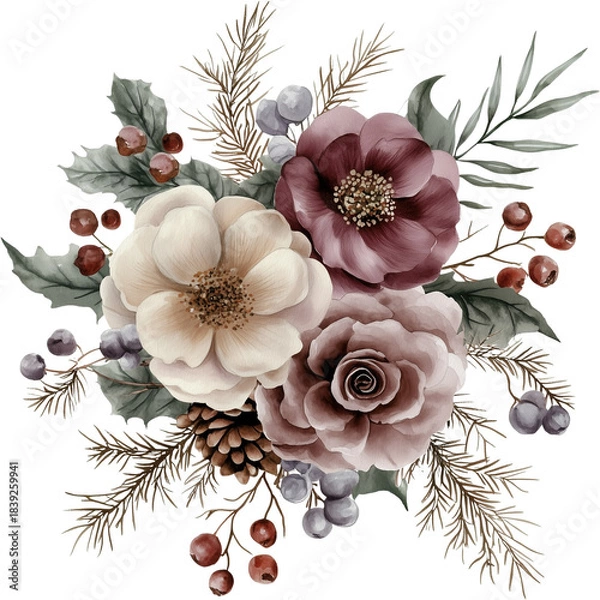 Obraz Watercolor winter bouquet, winter flowers, generative AI