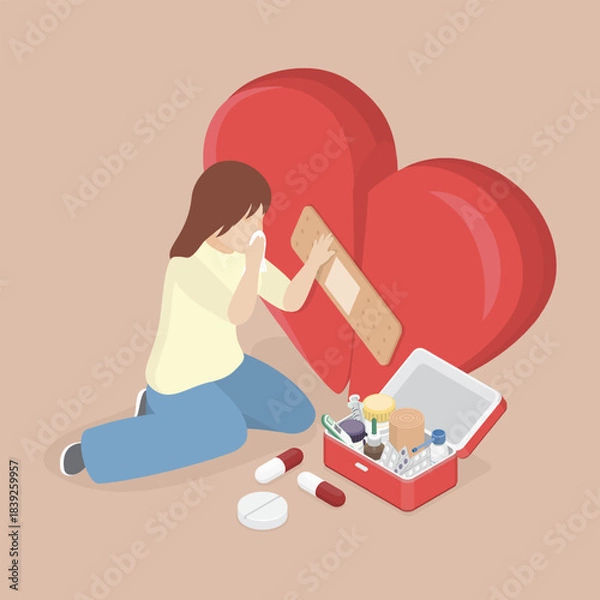 Fototapeta Conceptual Illustration healing of broken heart. Ending relationship and sad hurtful experience. 3d flat isometric vector.