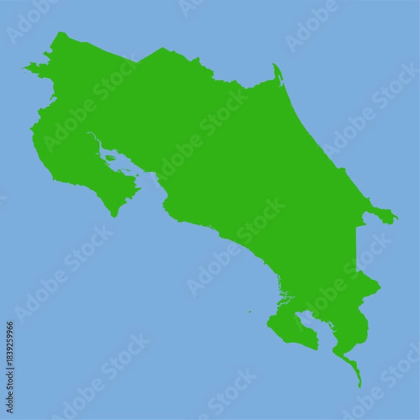 Fototapeta Green silhouette map of Costa Rica in flat vector style with clear country shape and regional boundaries on a light background