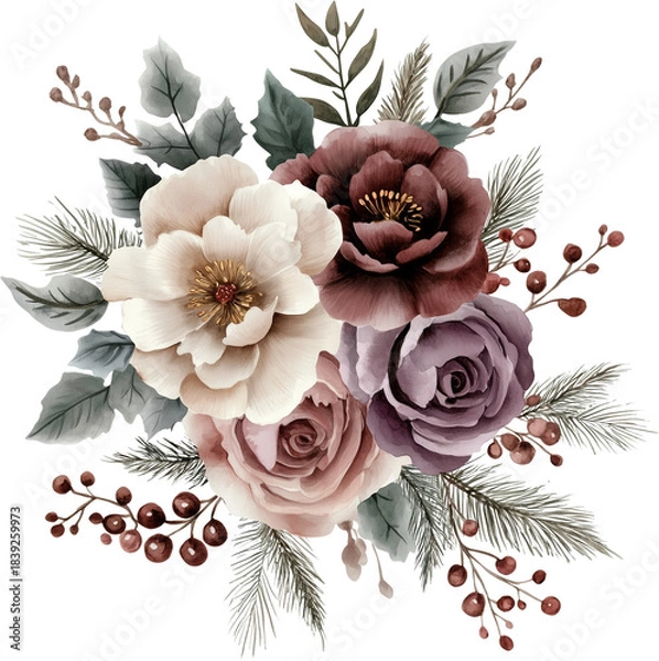 Obraz Watercolor winter bouquet, winter flowers, generative AI