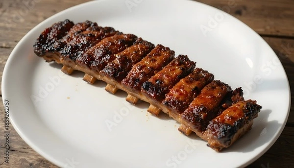 Obraz Close-up of freshly grilled barbecued spareribs on a clean white plate.