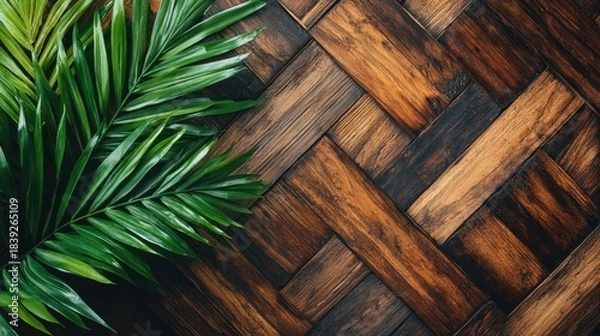 Obraz Green palm leaf over dark, geometric wood pattern