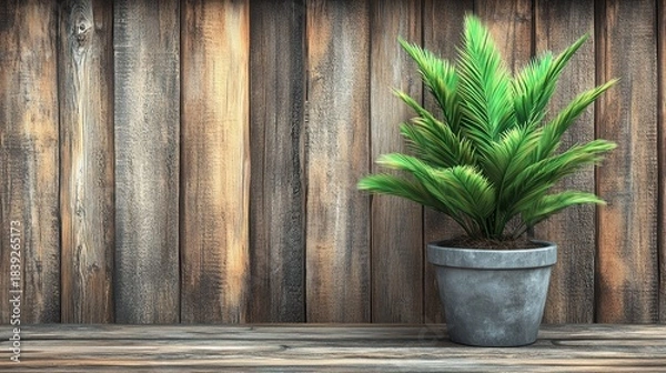 Obraz Green potted plant sits against rustic wooden planks background, neutral tones