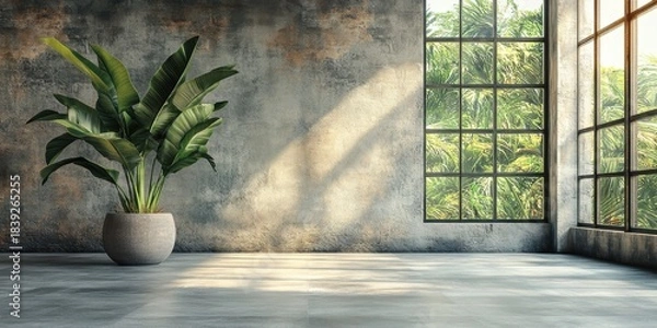 Obraz Industrial-style room with plant, concrete walls, and large window with lush greenery
