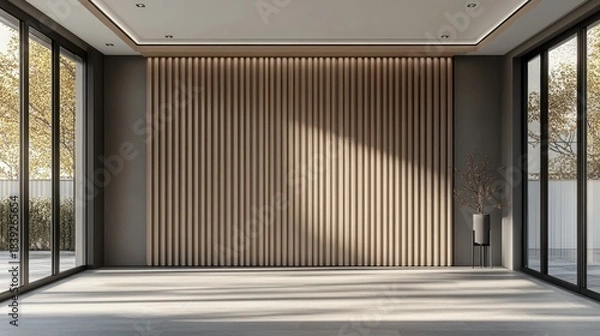 Obraz Minimalist room with wood wall, large windows, light floor