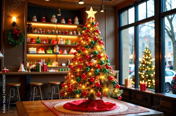 Obraz Christmas tree adorned with colorful ornaments and golden lights, standing in a cozy classic cafe interior decorated for the holiday season, creating a warm festive atmosphere with seasonal cheer