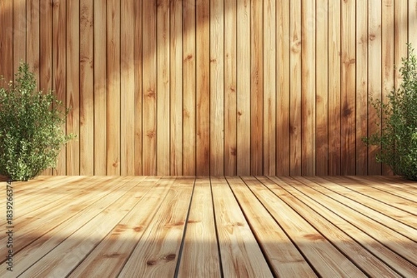 Obraz Wood paneled scene w/ deck, foliage, & dappled sunlight