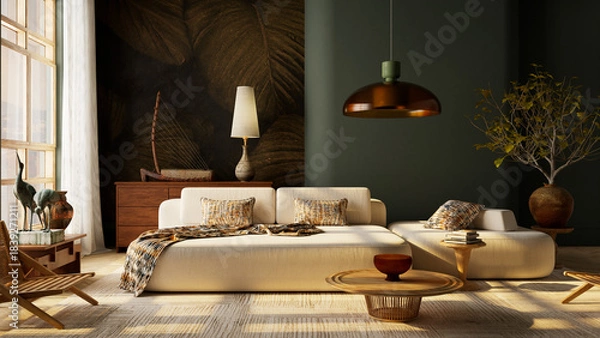 Obraz Warm Japandi living room interior with natural sunlight, earthy wooden furniture, cozy seating and tranquil minimalist ambiance. 3D illustration