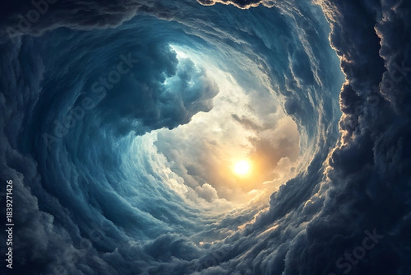 Obraz Dramatic Storm Tunnel with Bright Light at the End Surreal Cloud Vortex Sky