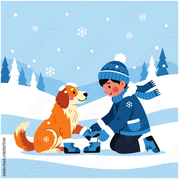 Obraz A boy in winter clothes kneels in the snow, putting blue boots on his happy dog's paws amidst falling snowflakes and pine trees.