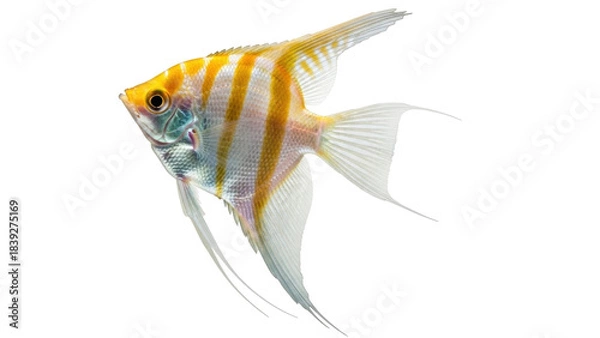 Fototapeta Isolated Beautiful freshwater angelfish with gold stripes, flowing fins and tail