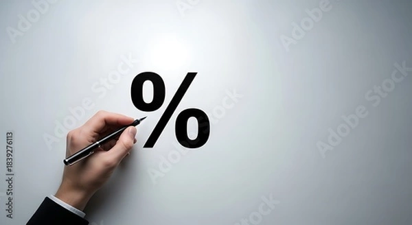 Fototapeta Hand with pen interacts with percentage symbol, showing financial concept.
