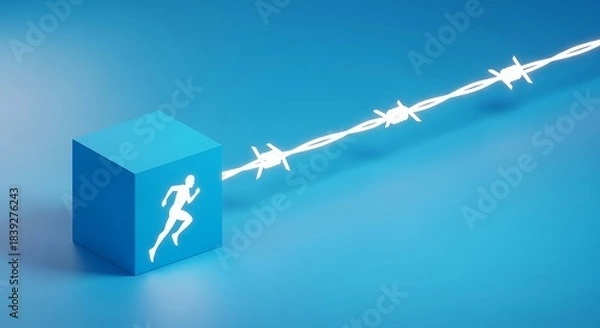 Fototapeta Running man icon encounters glowing barbed wire obstacle ahead