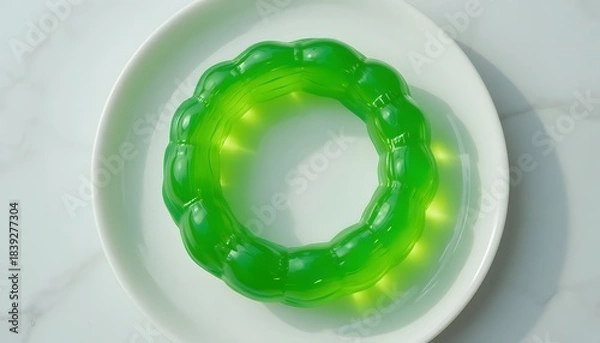 Obraz Vibrant green jello ring on a plain white ceramic plate.