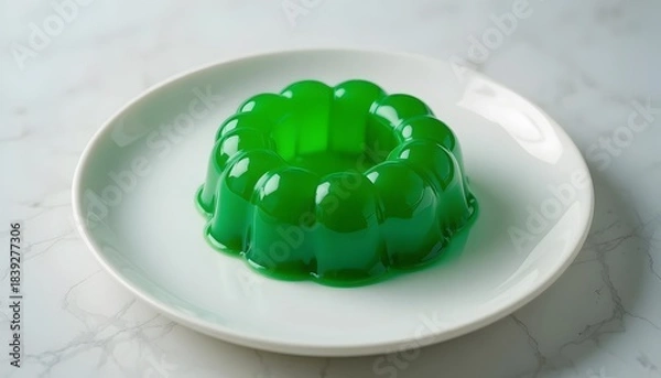 Obraz Vibrant green jello ring on a plain white ceramic plate.
