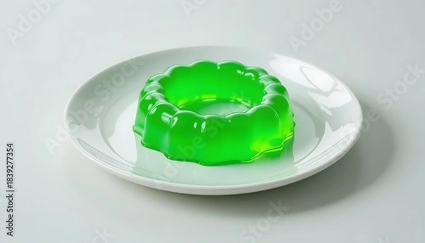 Obraz Vibrant green jello ring on a plain white ceramic plate.