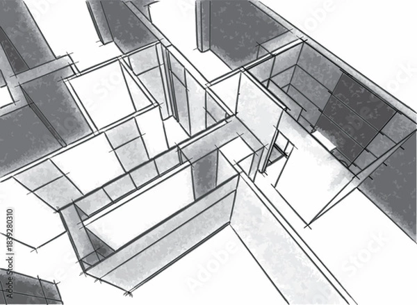 Obraz Converging skyscraper outlines in a grey cityscape