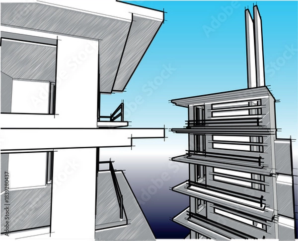 Obraz Converging skyscraper outlines in a grey cityscape