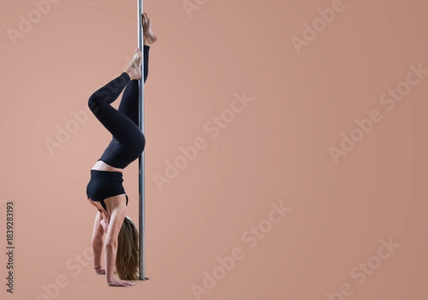 Fototapeta Upside down pole dancer on banner background