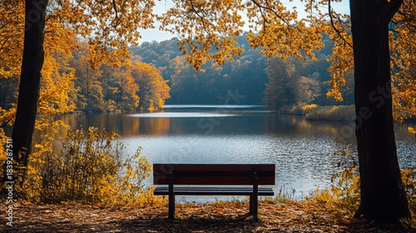 Fototapeta The peaceful surroundings of the forest and lake help you reconnect with nature. What activities or quiet moments do you enjoy to rejuvenate your spirit in this peaceful environment?