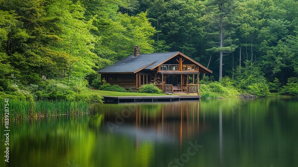 Fototapeta The peaceful surroundings of the forest and lake help you reconnect with nature. What activities or quiet moments do you enjoy to rejuvenate your spirit in this peaceful environment?