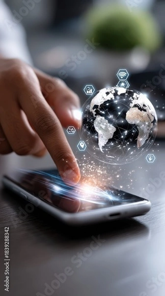 Fototapeta Hand interacting with smartphone on desk with global digital marketing interface